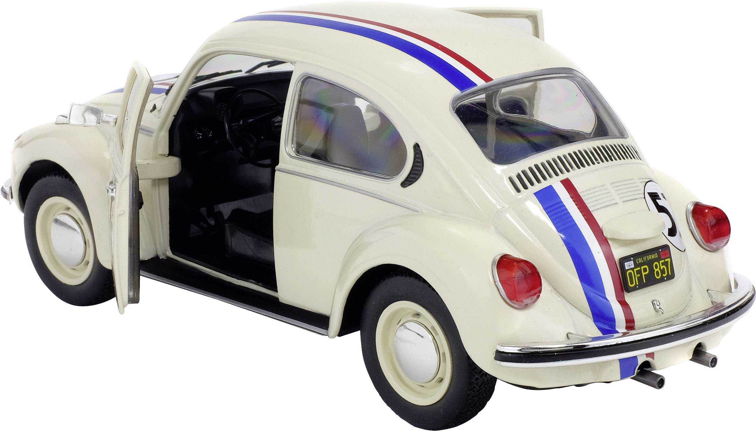 Ein cremefarbener Oldtimer mit offenen Fahrertüren und blauen sowie roten Streifen am Heck, zeigt ein lizenziertes Nummernschild.