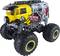 Ein gelbes Spielzeugmonstertruck mit großen Reifen und Grafiken von 'Predator' und 'Crazy Bus' an der Seite.