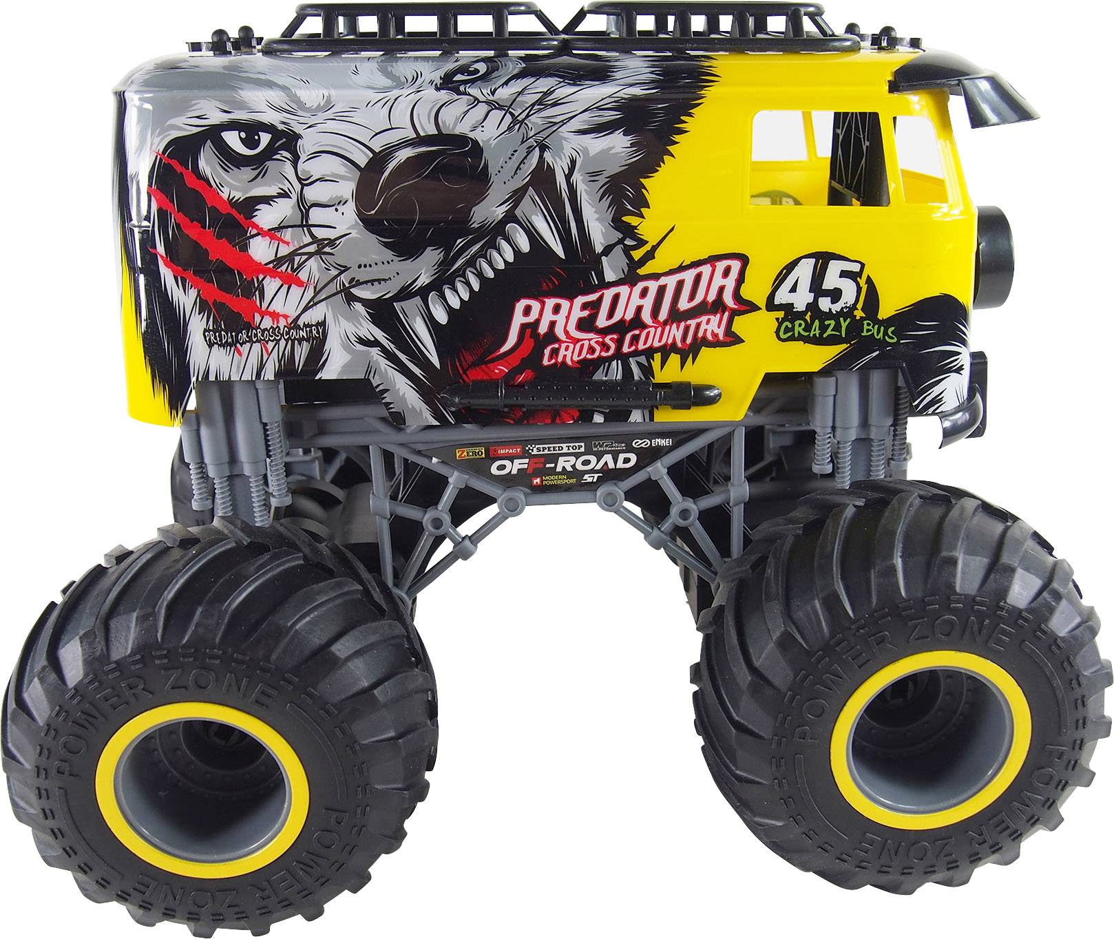 Spielzeug-Monstertruck mit gelbem Gehäuse und Wolfsdesign, großen Reifen, Aufschrift 'Predator Cross Country' und '45 Crazy Bus'.