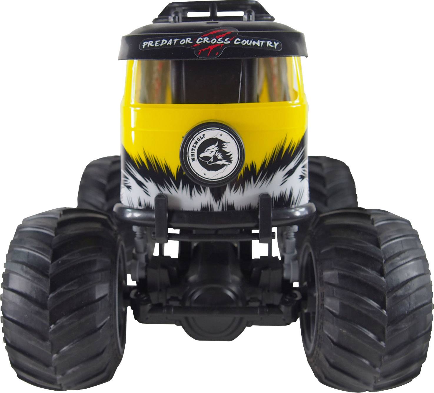 Ferngesteuertes gelb-schwarzes Spielzeugauto mit großen Rädern, Aufschrift 'Predator Cross Country' oben.