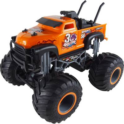 Spielzeug-Monstertruck in leuchtendem Orange mit riesigen Reifen, verziert mit Aufklebern und der Nummer '3' auf der Motorhaube.