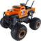 Spielzeug-Monstertruck in leuchtendem Orange mit riesigen Reifen, verziert mit Aufklebern und der Nummer '3' auf der Motorhaube.