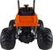 Plastikspielzeug-Traktor in leuchtendem Orange, gesehen von hinten. Große, profilierte Reifen und Lenkrad sichtbar.