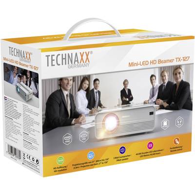 Verpackung eines Mini-LED HD Beamers der Marke 'Technaxx Germany'. Zeigt den Beamer, Spezifikationen und ein Büro mit Menschen im Hintergrund.