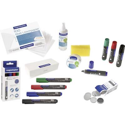 Eine Auswahl an Büromaterial: Löschpapier, Reinigungsspray, Schwamm, Klebeband, farbige Marker und Magnetknöpfe.