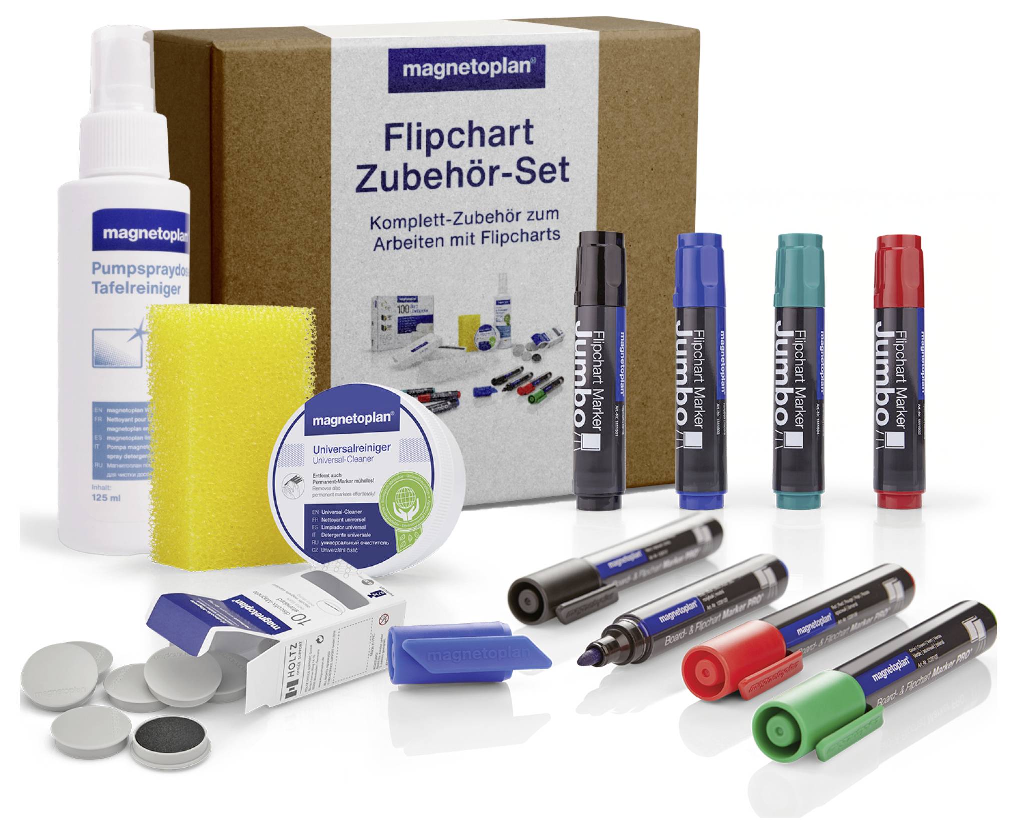 Flipchart-Zubehör-Set mit Markern, Reinigungsspray, Schwamm und Magneten für Flipchart-Verwendung.