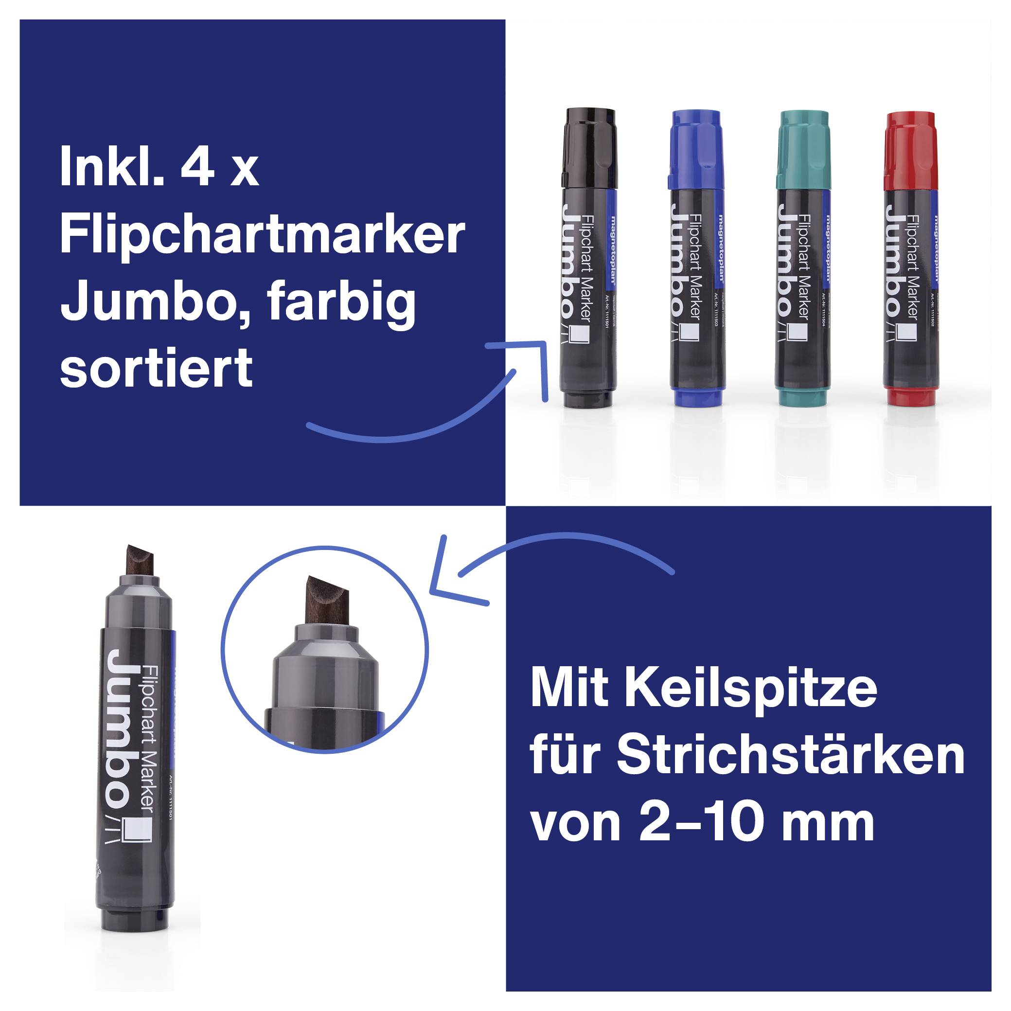 In der Abbildung sind vier farbige Flipchartmarker zu sehen, jeweils in Schwarz, Blau, Rot und Grün. Text: 'Mit Keilspitze für Strichstärken von 2-10 mm'.