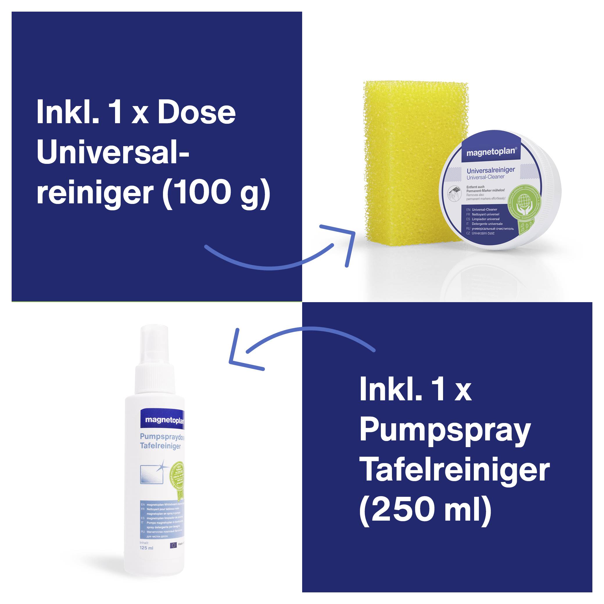 'Inklusive 1 Dose Universalreiniger (100 g) und 1 Pumpspray Tafellölicher (250 ml) mit gelbem Schwamm.'