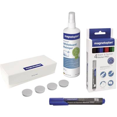 Ein Set bestehend aus Whiteboard-Reiniger, einer Packung Board- und Flipchart-Marker in verschiedenen Farben, einem Tafellöscher und Magneten.