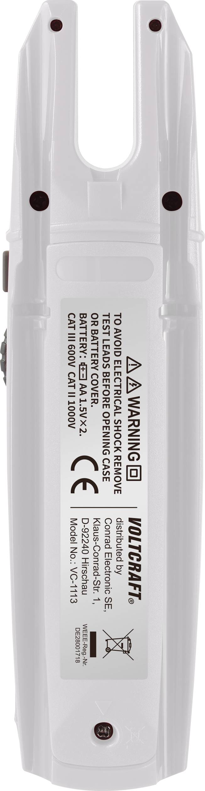 Testgerät für elektrische Steckdosen, beschriftet mit Warnhinweisen, CE-Kennzeichnung und technischen Spezifikationen. Hinweise zur sicheren Anwendung.