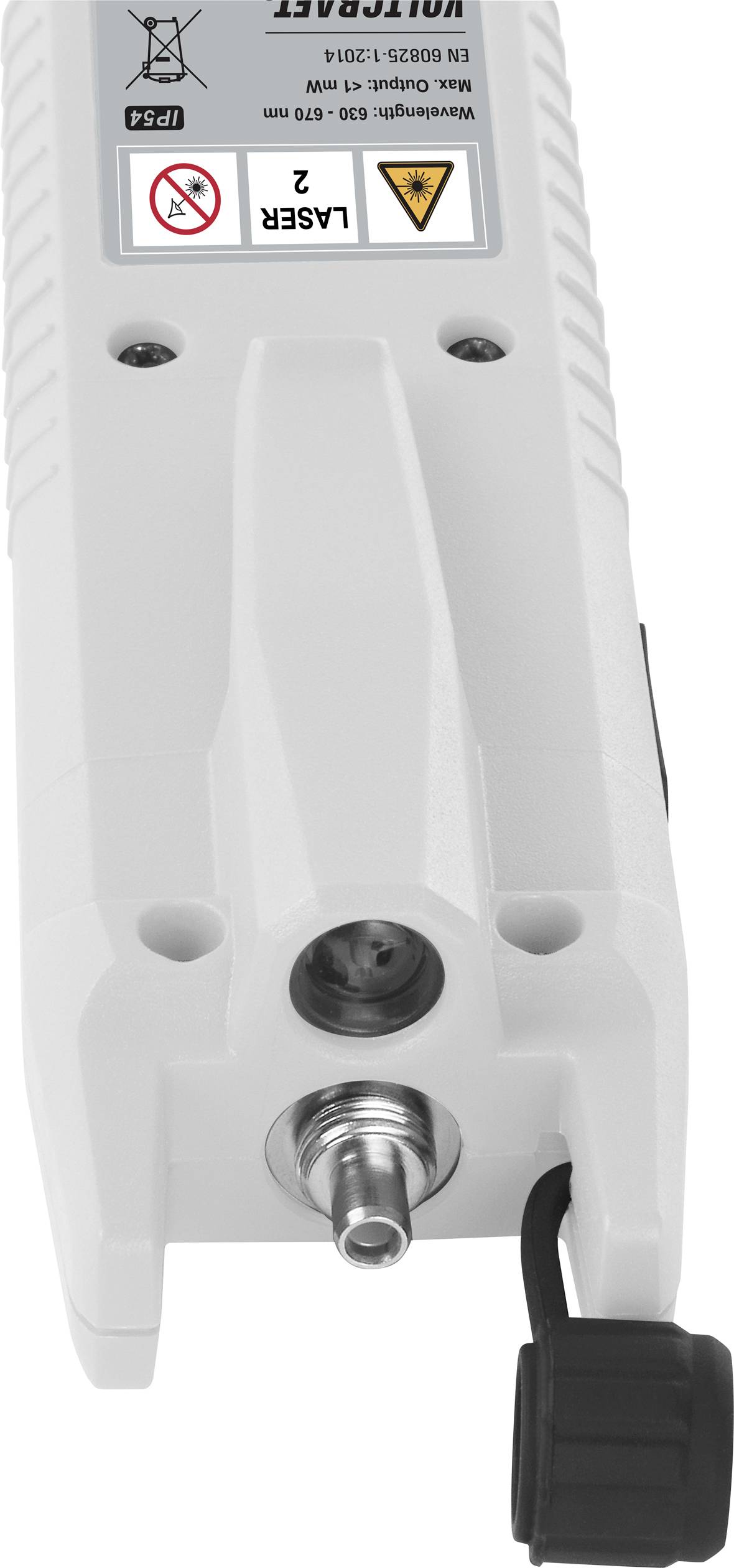 Ein weißes Lasergerät mit Sicherheitsaufkleber, der vor Laserlicht warnt, und einem Metallanschluss an der Vorderseite.