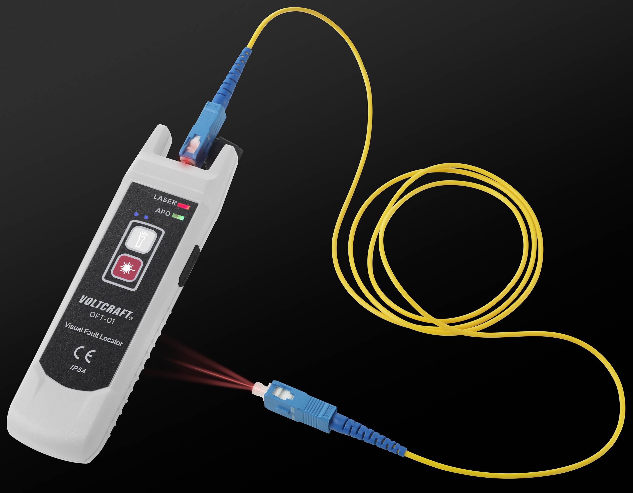 Ein optischer Glasfaser-Tester zeigt mit rotem Licht Fehler in Glasfaserkabeln an. Das Gerät ist mit einem gelben Kabel verbunden.