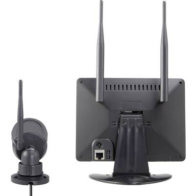 Eine kabellose Überwachungskamera mit Monitor. Die Kamera hat eine Antenne zur Signalübertragung. Der Monitor zeigt Anschlüsse auf der Rückseite.