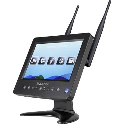 Ein Monitor mit zwei Antennen zeigt ein blaues Bildschirmmenü mit sechs Symbolen. Oberhalb steht der Text 'Camera Setting'.