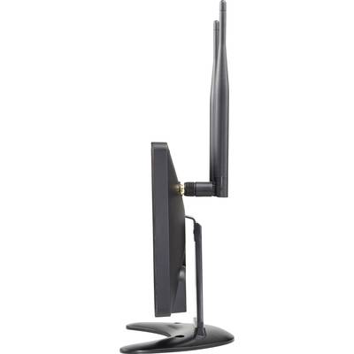 Seitenansicht eines schwarzen Monitors mit zwei großen Antennen, die nach oben zeigen. Der Monitor steht auf einem schlanken, gebogenen Ständer.