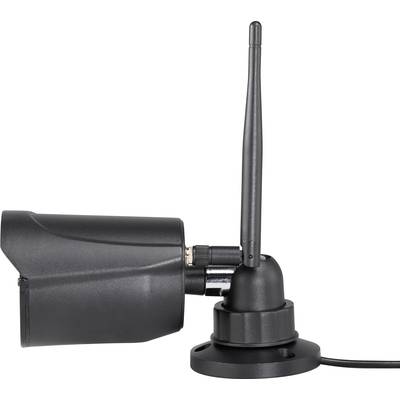 Eine schwarze Überwachungskamera mit Antenne, seitlich montiert, mit Kabelanschluss an der Basis.
