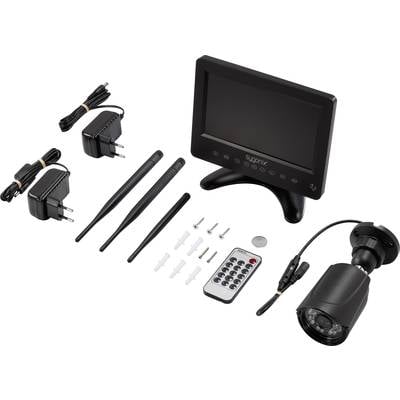 Ein Überwachungssystem mit Monitor, Kamera, Fernbedienung, zwei Antennen, zwei Netzteile, Kabel und Montagematerial.