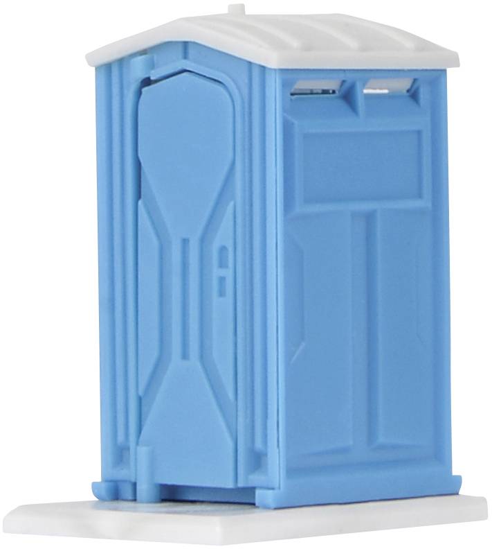 Ein blaues mobiles Toilettenhäuschen mit einem weißen Dach steht auf einer weißen Basis.