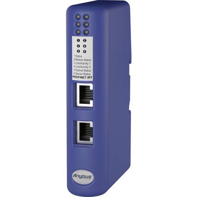 Blaues Netzwerkmodul mit Statusanzeige oben und zwei Ethernet-Anschlüssen. Etikett mit 6 Status-Legenden, darunter 'PROFINET IRT'.