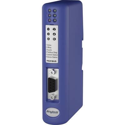 Ein blaues PROFIBUS-Kommunikationsmodul mit LED-Anzeigen und Anschlüssen. Es liefert Statusinformationen für industrielle Netzwerke.