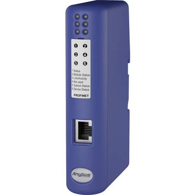 Blaues elektronisches Gerät mit sechs LED-Anzeigen und Ethernet-Port. Beschriftung zeigt LED-Status für Profinet-Kommunikation.