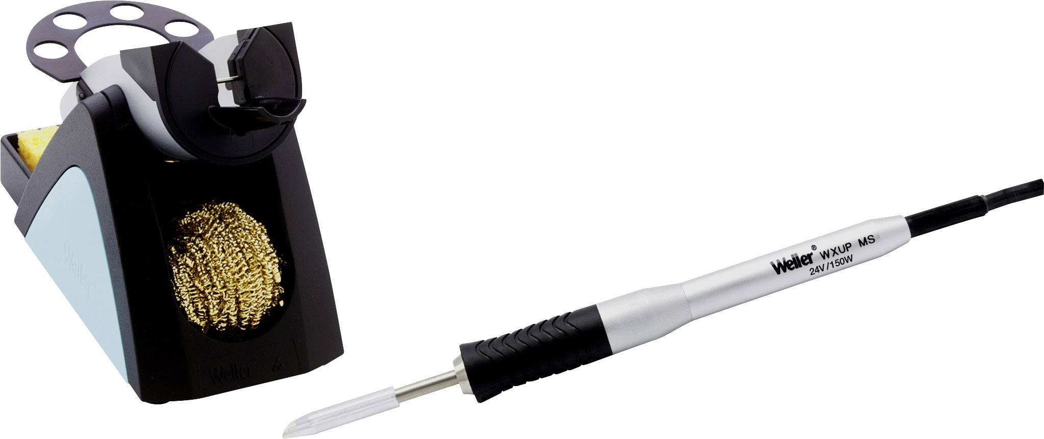 Ein Lötstation-Kit mit Lötspitze, Halter und Reinigungspad. Entwickelt zum präzisen Löten von elektronischen Bauteilen.