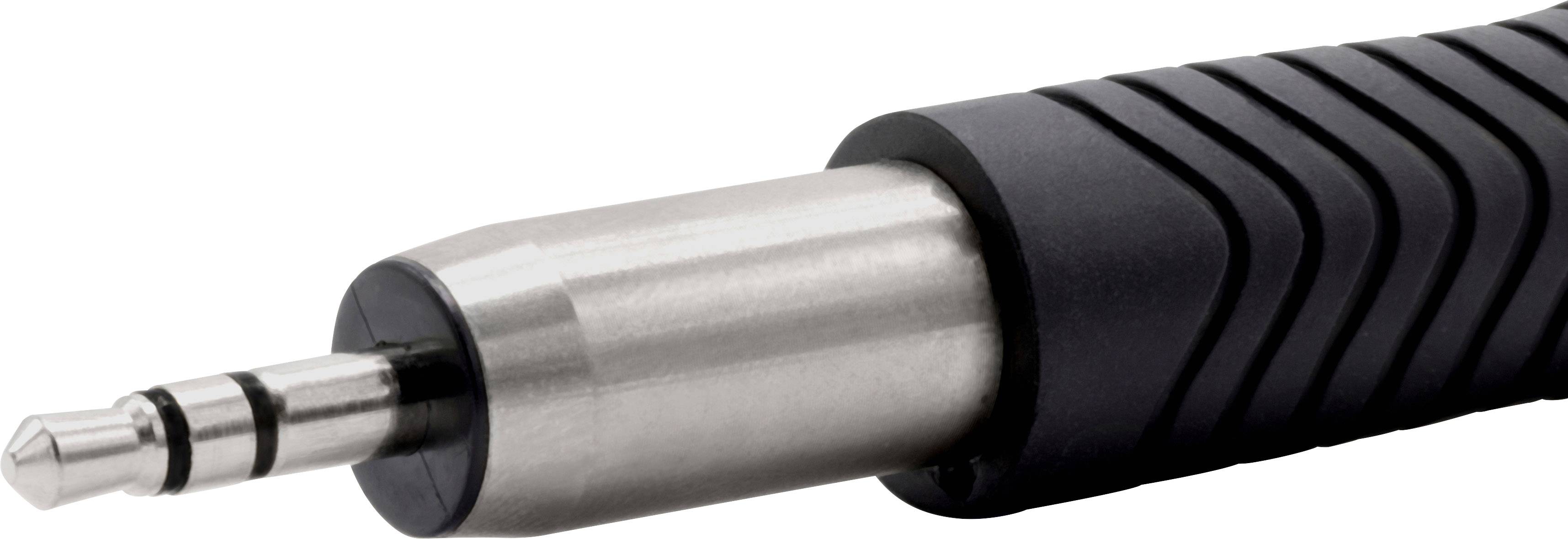 Stecker eines 3,5-mm-Audiokabels mit schwarzem, geriffeltem Griff.
