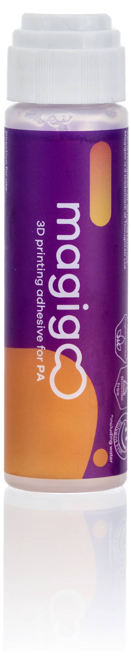 Eine Flasche mit lila und orangefarbenem Etikett, beschriftet mit 'magigoo', einem Klebstoff für 3D-Druckoberflächen.