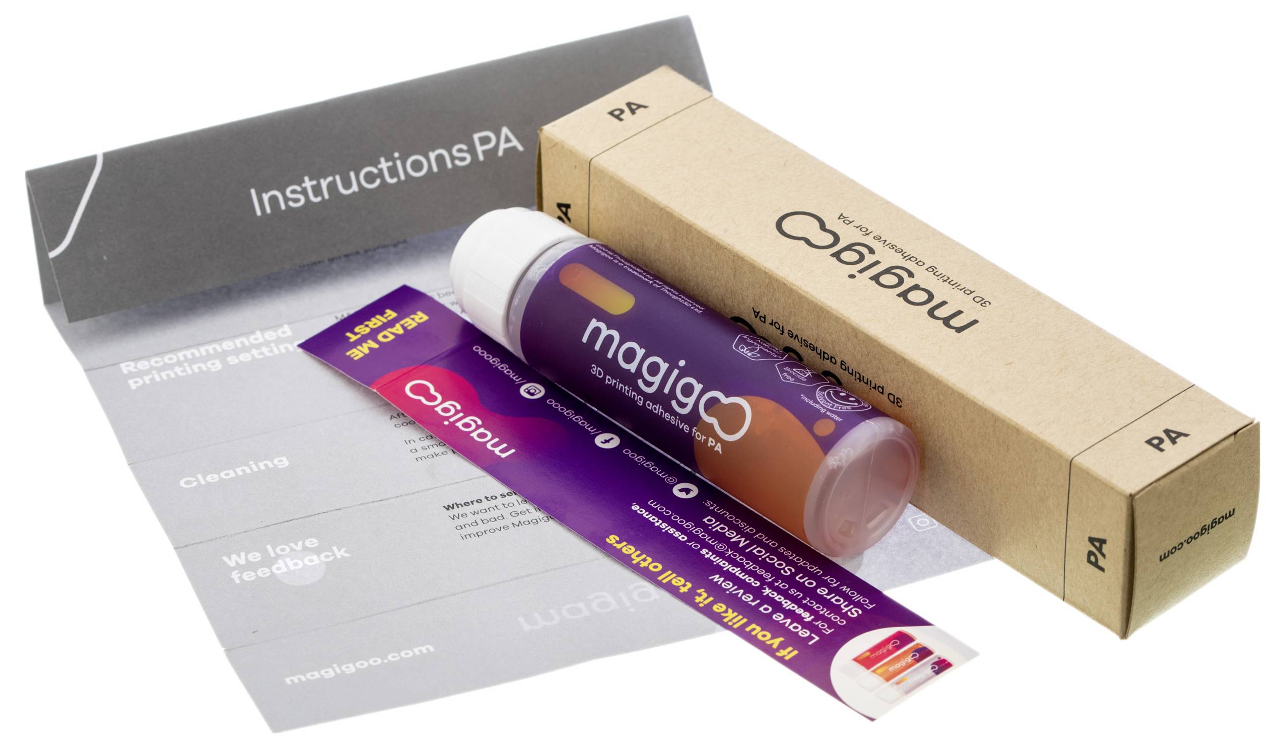 Ein Kit mit Magigoo-Klebestift inklusive Anweisungen, geeignet für den 3D-Druck mit Polyamid (PA) Materialien.