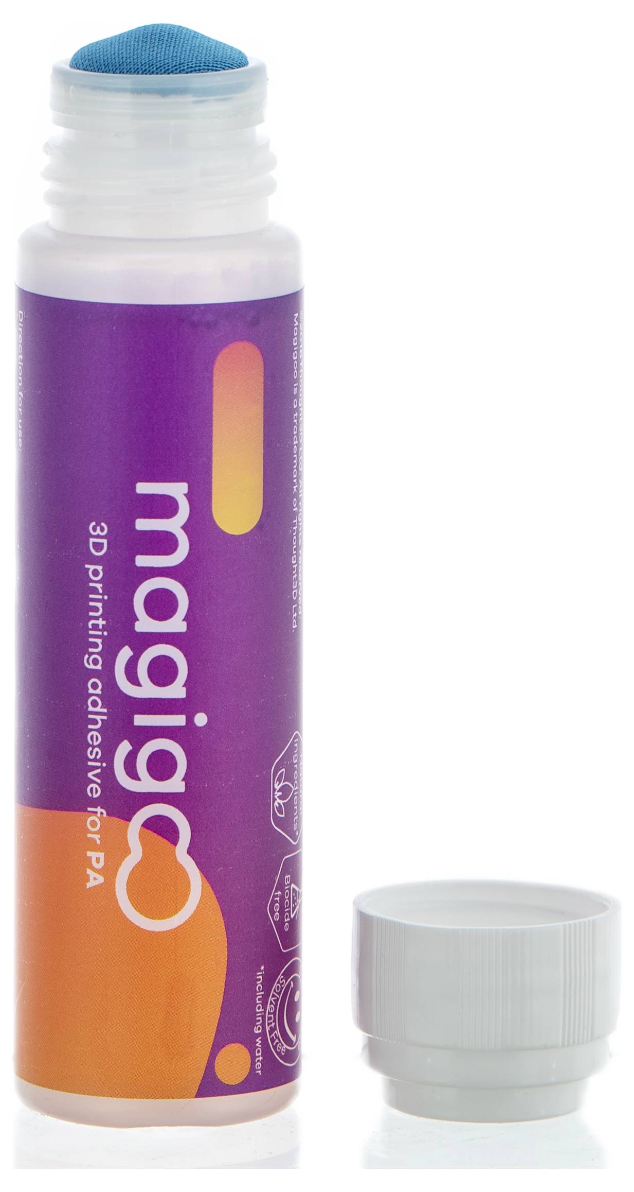 Lila Flasche mit Aufschrift 'magigoo', Klebstoff für 3D-Druck. Weiße Kappe abgenommen, blauer Applikator sichtbar.