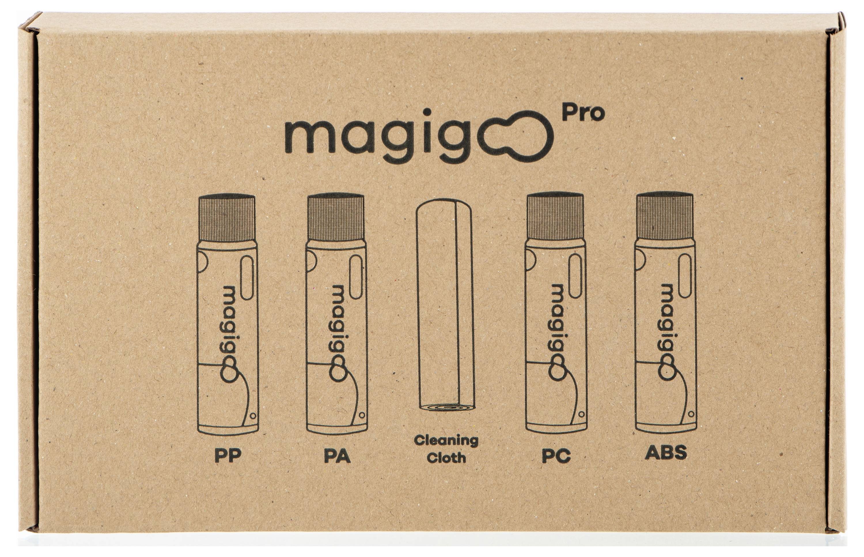 Kartonverpackung mit fünf Stiften der Marke 'magigoo Pro' zum Kleben von Kunststoffen. Typen: PP, PA, PC, ABS, plus Reinigungsstift.
