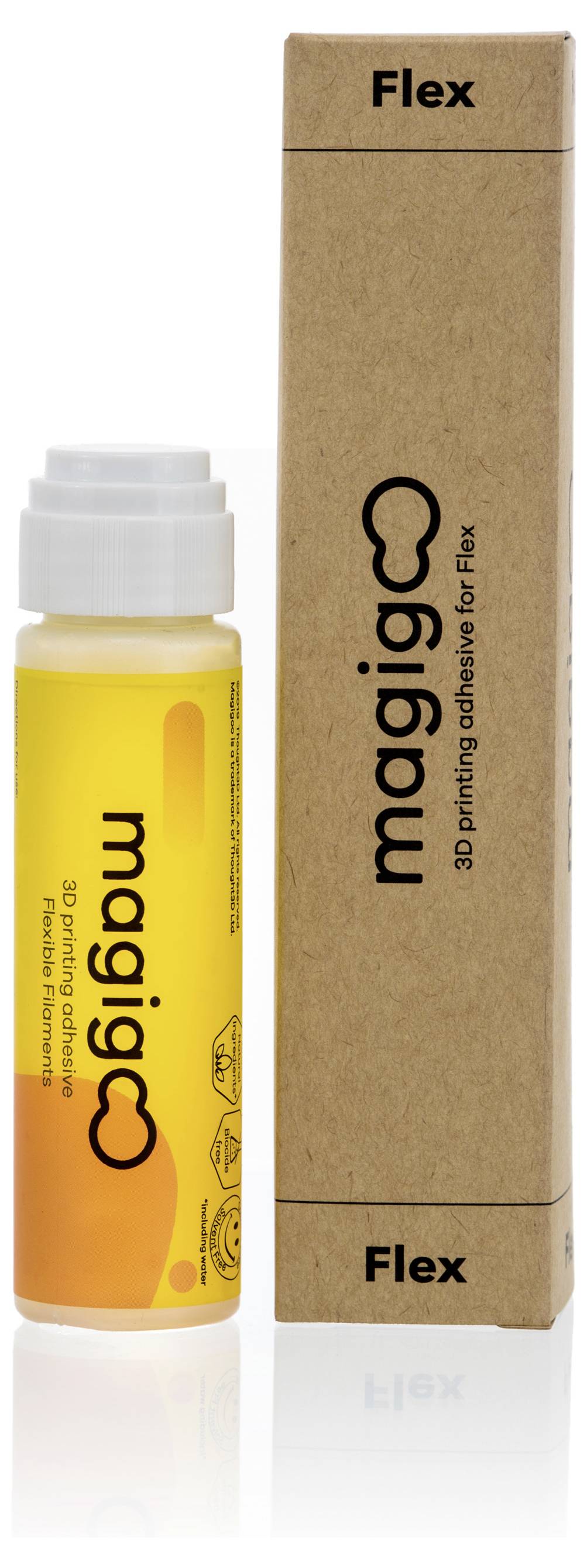 Eine gelbe Flasche mit der Aufschrift 'magigoo' neben einer braunen Verpackung. Beide sind für 3D-Druckkleber für Flex-Materialien.