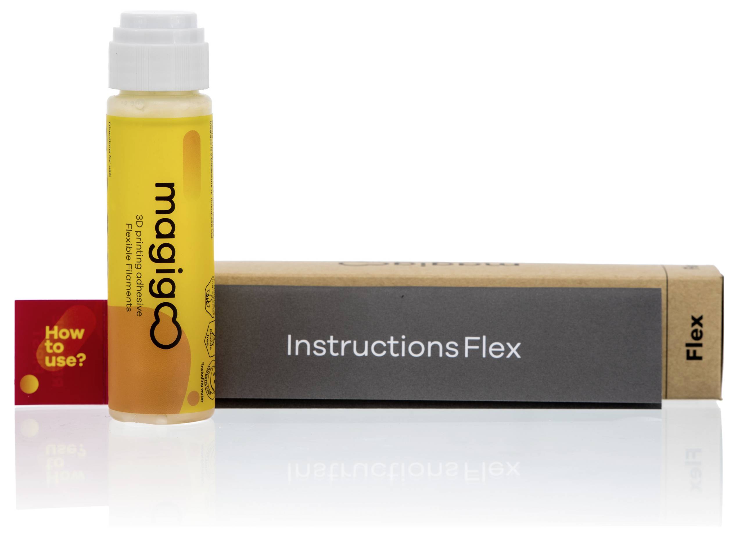 Eine gelbe Flasche mit der Aufschrift 'magig' steht vor einer grauen Box mit der Aufschrift 'InstructionsFlex'. Ein kleines Etikett sagt 'How to use?'.