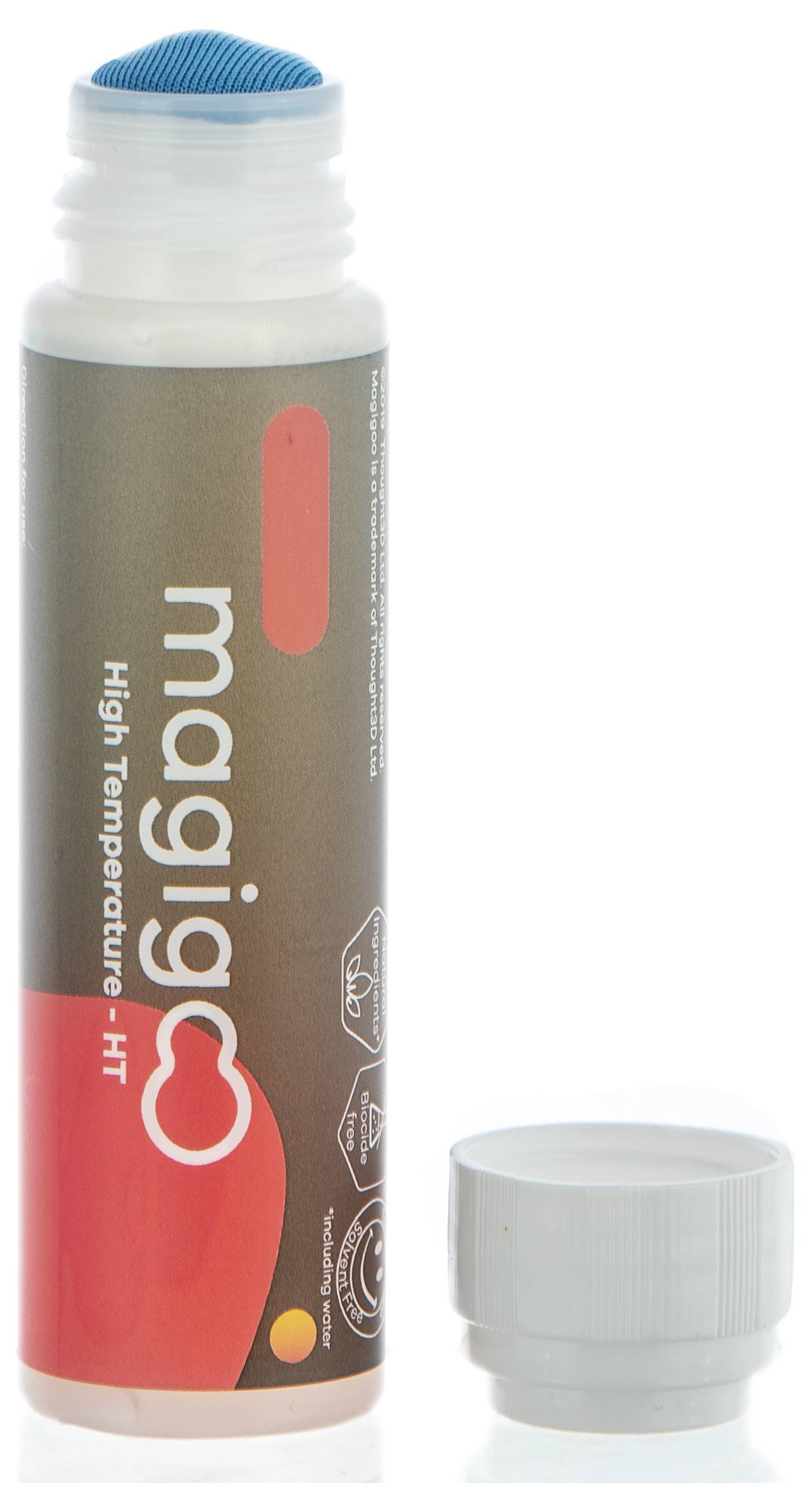 Stiftförmiger Kleber ‚magigoo High Temperature HT‘ mit blauer Spitze und abgenommener Kappe, geeignet für hohe Temperaturen.