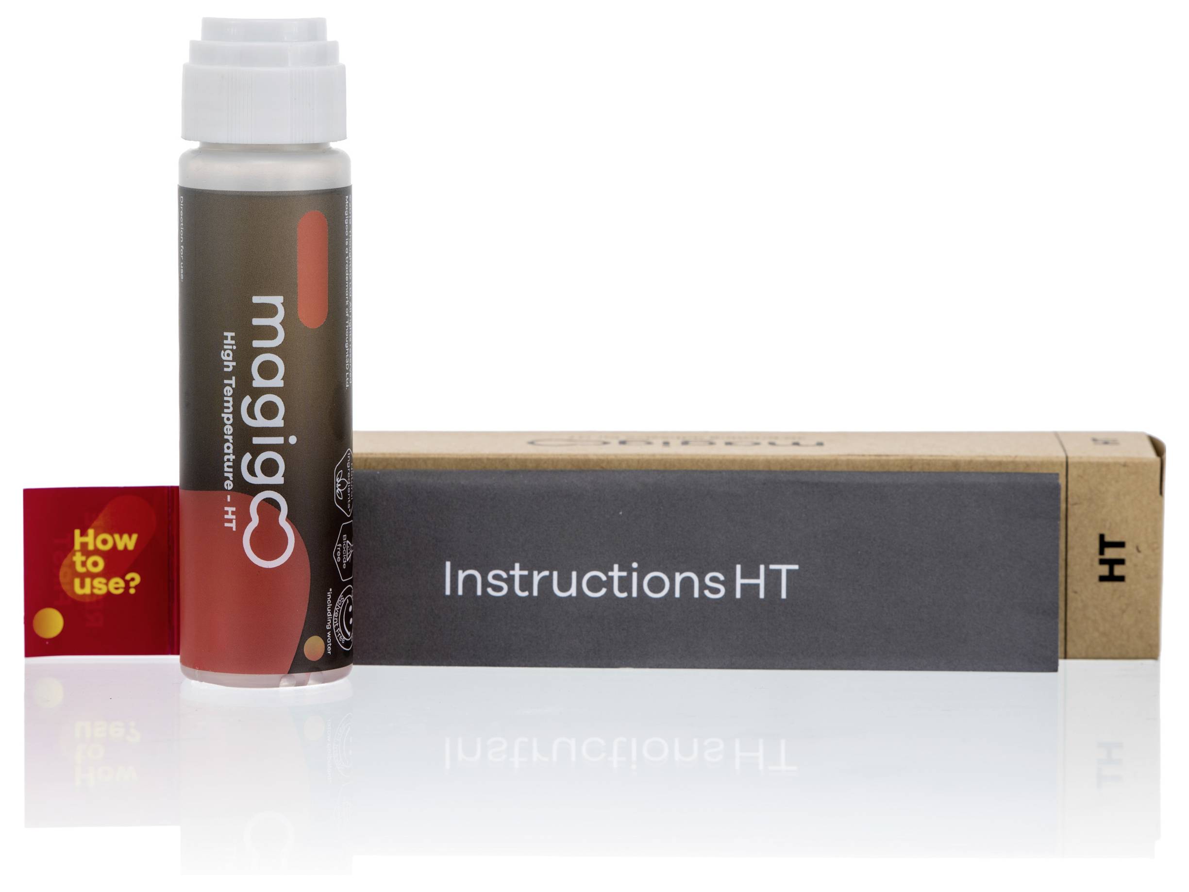 Flasche mit der Aufschrift 'magigoo HT', daneben eine Verpackung mit Text 'Instructions HT'. Rotes Etikett mit 'How to use?'.