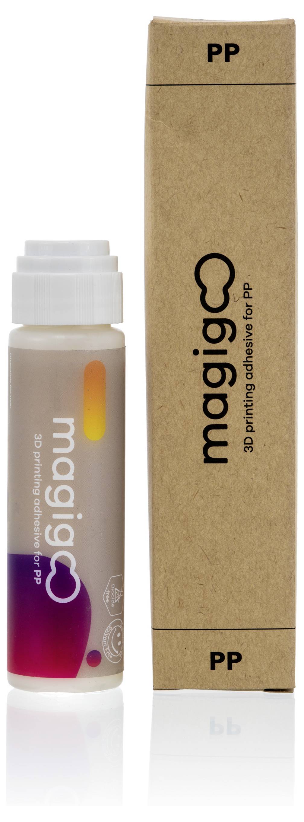 Eine Flasche und eine Verpackung von 'magigoo', einem Klebemittel für 3D-Druck auf Polypropylen (PP). Beide sind schlicht gestaltet.