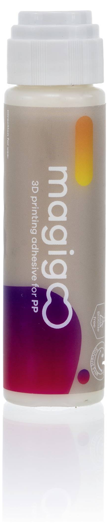 Eine Flasche 'magigoo' 3D-Druck-Klebstoff für PP, mit weißem Verschluss, buntem Etikett in Rot und Violetttönen.