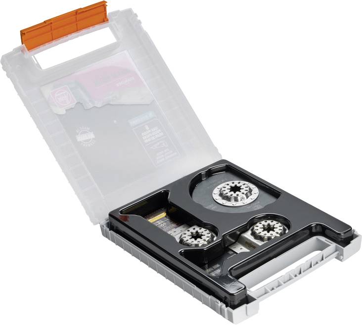 Eine geöffnete Kunststoffbox mit drei runden Metallbohrköpfen in verschiedenen Größen, ordentlich in geformten Fächern platziert.