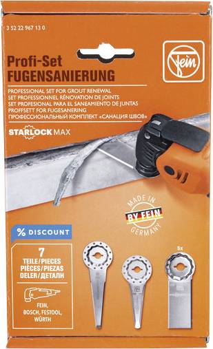 'Oranges Profi-Set für Fugensanierung mit Werkzeug, drei Aufsätzen und 9% Rabatt-Hinweis. Eignet sich für Feinschliff, Bosch und Festool.'