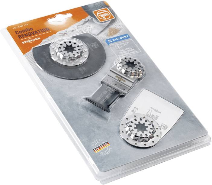 Verpackung mit drei Starlock-Sägeblättern von Fein, geeignet für Renovierungsarbeiten. Enthält verschiedene Klingenformen und -größen.