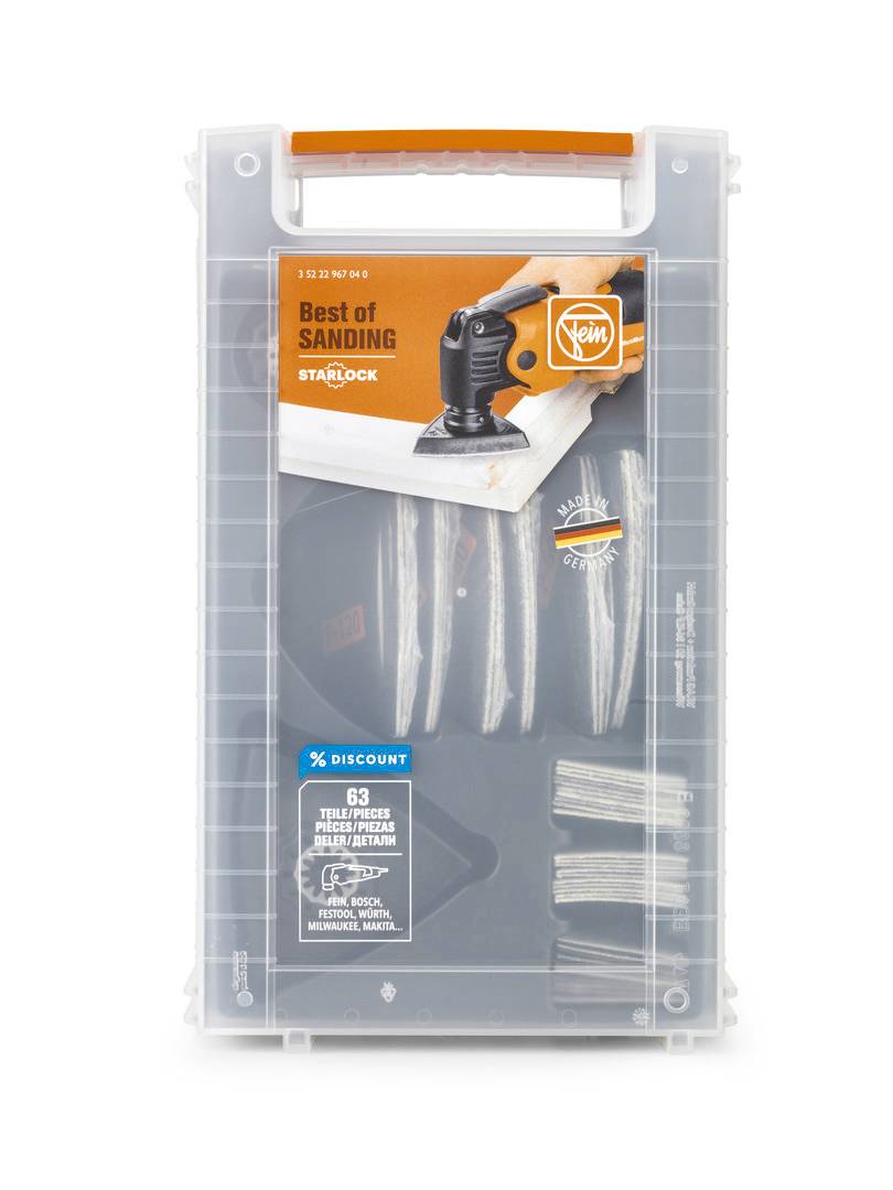 'Fein Best of Sanding' Set mit STARLOCK Aufsatz, 63 Schleifblätter in Kunststoffbox, Rabatt-Aufkleber sichtbar.
