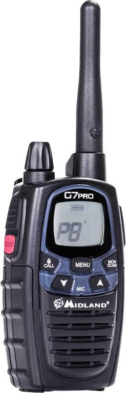 Ein Walkie-Talkie mit Display und mehreren Tasten zur Bedienung. Oben befindet sich eine Antenne. Markierung 'G7PRO' auf der Vorderseite.