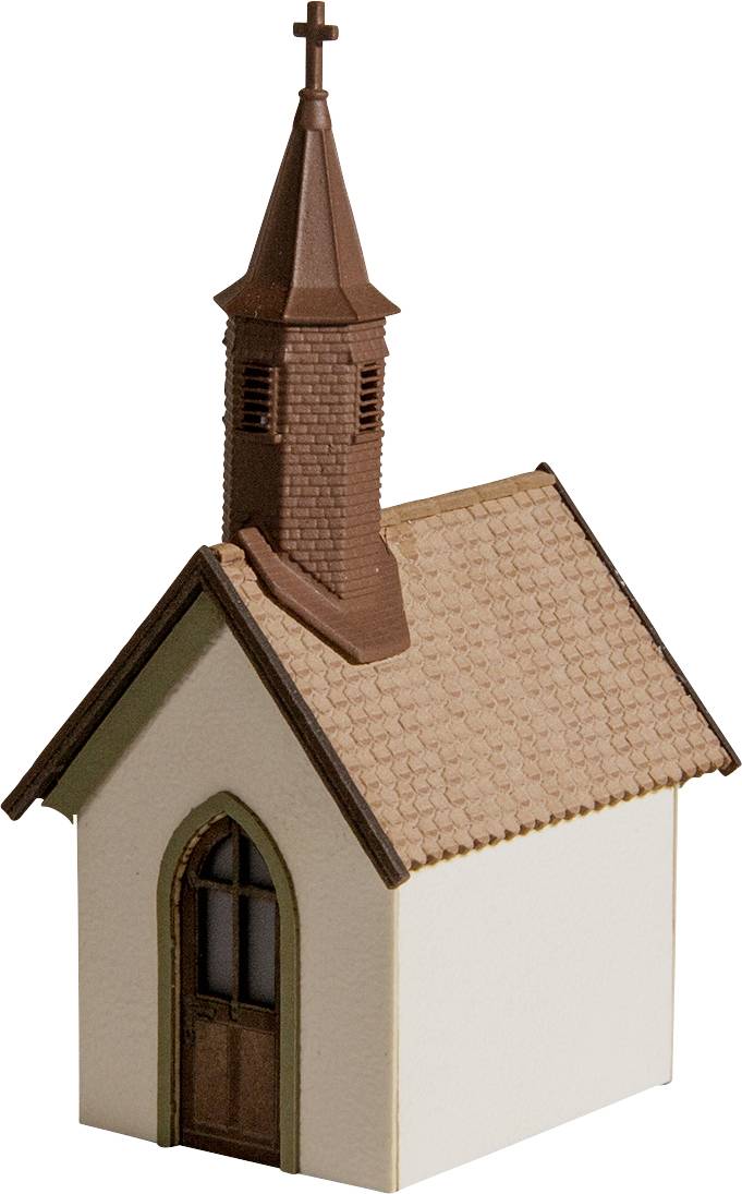 Kleine Modellkapelle mit spitzem Turm und Kreuz. Helles Dach, dunkle Details. πιθανόν Decorative use.