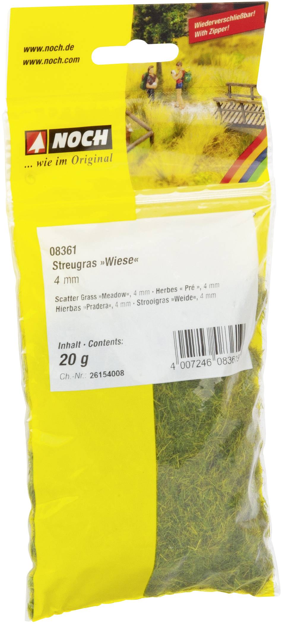 'Streugras Wiese' von Noch in gelber Verpackung, 20g, 4 mm Länge. Ideal für Modellbau oder Landschaftsgestaltung.