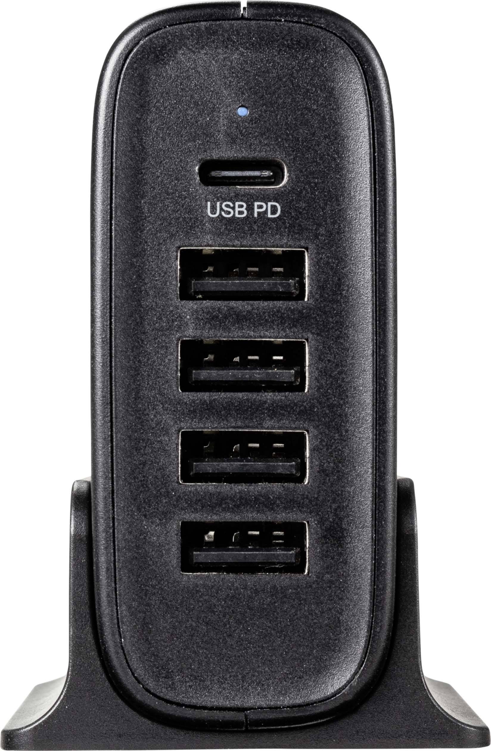 USB-Ladestation mit vier USB-Anschlüssen und einem USB-C-Anschluss, geeignet für gleichzeitiges Aufladen mehrerer Geräte.