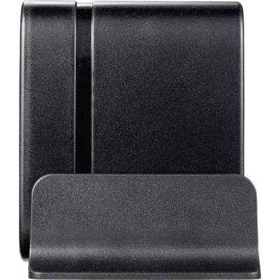 Schwarzer Handy-Ständer aus Metall mit minimalistischem Design, zeigt eine vertikale Halterung für Smartphones oder kleine Tablets.