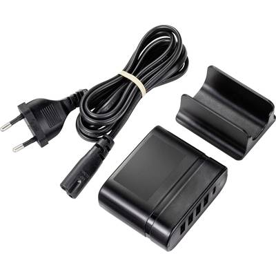 Schwarze USB-Ladeeinheit mit vier Anschlüssen, Netzkabel und Halterung. Geeignet für das gleichzeitige Laden mehrerer Geräte.
