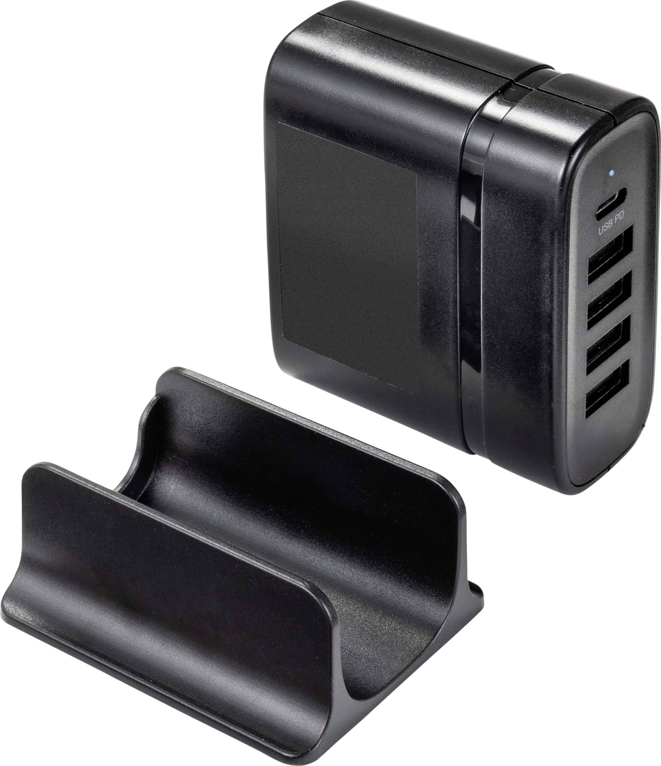 Schwarzer USB-Ladestationadapter mit vier Anschlüssen neben einer passenden Halterung, ideal zum gleichzeitigen Laden mehrerer Geräte.