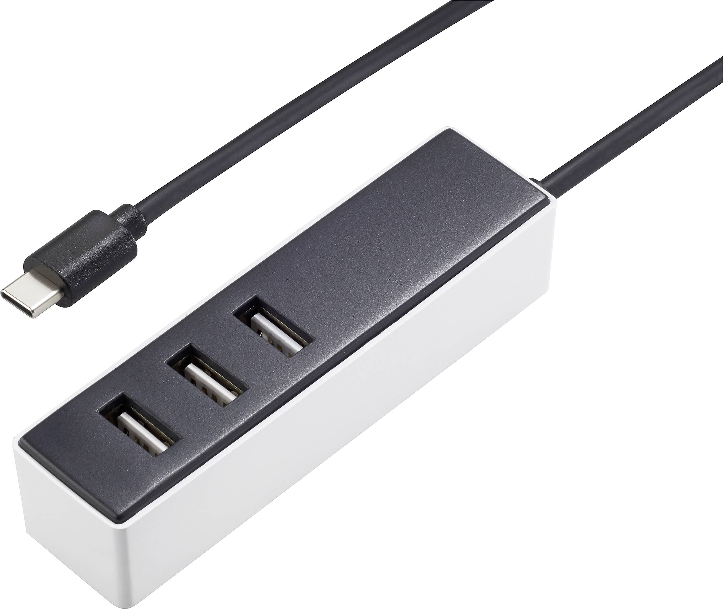 Ein USB-Hub mit drei USB-Anschlüssen und einem USB-C-Kabel zur Verbindung mit anderen Geräten.