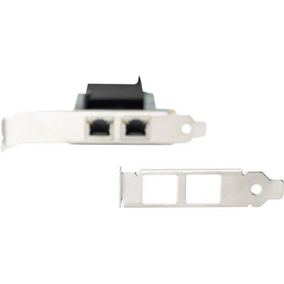 Zwei Ethernet-Anschlüsse auf einer Computer-Netzwerkkarte mit abnehmbarer Blende, geeignet für Server oder PCs.